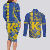 Personalised Hawaii Kaiser High School Couples Matching Long Sleeve Bodycon Dress and Long Sleeve Button Shirt Tribal Tattoo With Hibiscus Flowers LT05 - Polynesian Pride