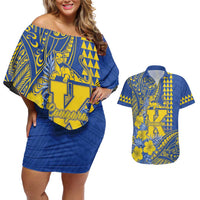 Personalised Hawaii Kaiser High School Couples Matching Off Shoulder Short Dress and Hawaiian Shirt Tribal Tattoo With Hibiscus Flowers LT05 Blue - Polynesian Pride