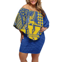 Personalised Hawaii Kaiser High School Family Matching Off Shoulder Short Dress and Hawaiian Shirt Tribal Tattoo With Hibiscus Flowers LT05 Mom's Dress Blue - Polynesian Pride