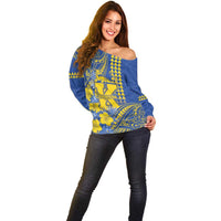 Personalised Hawaii Kaiser High School Off Shoulder Sweater Tribal Tattoo With Hibiscus Flowers