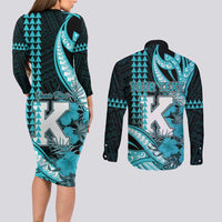 Personalised Hawaii Kapolei High School Couples Matching Long Sleeve Bodycon Dress and Long Sleeve Button Shirt Tribal Tattoo With Hibiscus Flowers LT05 - Polynesian Pride