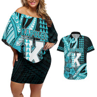 Personalised Hawaii Kapolei High School Couples Matching Off Shoulder Short Dress and Hawaiian Shirt Tribal Tattoo With Hibiscus Flowers LT05 Dark Teal - Polynesian Pride