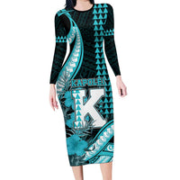 Personalised Hawaii Kapolei High School Family Matching Long Sleeve Bodycon Dress and Hawaiian Shirt Tribal Tattoo With Hibiscus Flowers LT05 Mom's Dress Dark Teal - Polynesian Pride