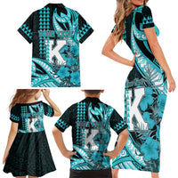 Personalised Hawaii Kapolei High School Family Matching Short Sleeve Bodycon Dress and Hawaiian Shirt Tribal Tattoo With Hibiscus Flowers LT05 - Polynesian Pride