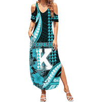 Personalised Hawaii Kapolei High School Family Matching Summer Maxi Dress and Hawaiian Shirt Tribal Tattoo With Hibiscus Flowers LT05 Mom's Dress Dark Teal - Polynesian Pride