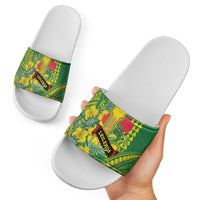 Hawaii Leilehua High School Slide Sandals Tribal Tattoo With Hibiscus Flowers