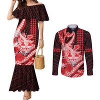 Personalised Hawaii Kalani High School Couples Matching Mermaid Dress and Long Sleeve Button Shirt Tribal Tattoo With Hibiscus Flowers LT05 Red - Polynesian Pride