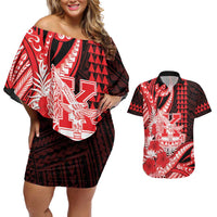 Personalised Hawaii Kalani High School Couples Matching Off Shoulder Short Dress and Hawaiian Shirt Tribal Tattoo With Hibiscus Flowers LT05 Red - Polynesian Pride