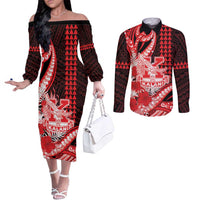 Personalised Hawaii Kalani High School Couples Matching Off The Shoulder Long Sleeve Dress and Long Sleeve Button Shirt Tribal Tattoo With Hibiscus Flowers LT05 Red - Polynesian Pride