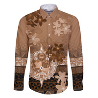 Tonga Emancipation Day Family Matching Off Shoulder Short Dress and Hawaiian Shirt Tongan Kupesi Ngatu Pattern Vintage Style LT05 Dad's Shirt - Long Sleeve Brown - Polynesian Pride