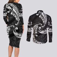 AAPI Heritage Month Couples Matching Long Sleeve Bodycon Dress and Long Sleeve Button Shirt American Samoa Polynesian Tribal Wave