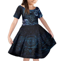 Aotearoa New Zealand Octopus Family Matching Off The Shoulder Long Sleeve Dress and Hawaiian Shirt Silver Fern Maori Pattern LT05 Daughter's Dress Blue - Polynesian Pride
