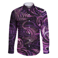 Aotearoa New Zealand Crocodile Family Matching Off Shoulder Maxi Dress and Hawaiian Shirt Silver Fern Maori Pattern LT05 Dad's Shirt - Long Sleeve Purple - Polynesian Pride