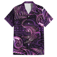 Aotearoa New Zealand Crocodile Family Matching Puletasi and Hawaiian Shirt Silver Fern Maori Pattern LT05 Dad's Shirt - Short Sleeve Purple - Polynesian Pride