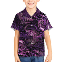 Aotearoa New Zealand Crocodile Family Matching Short Sleeve Bodycon Dress and Hawaiian Shirt Silver Fern Maori Pattern LT05 Son's Shirt Purple - Polynesian Pride