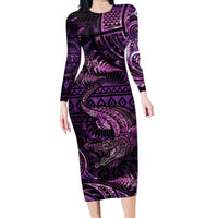 Aotearoa New Zealand Crocodile Long Sleeve Bodycon Dress Silver Fern Maori Pattern LT05 Long Dress Purple - Polynesian Pride