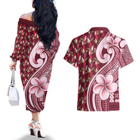 Samoa Teuila Couples Matching Off The Shoulder Long Sleeve Dress and Hawaiian Shirt Maroon Samoan Siapo Motifs