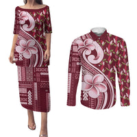 Samoa Teuila Couples Matching Puletasi and Long Sleeve Button Shirt Maroon Samoan Siapo Motifs LT05 Maroon - Polynesian Pride