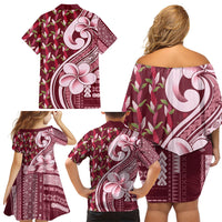 Samoa Teuila Family Matching Off Shoulder Short Dress and Hawaiian Shirt Maroon Samoan Siapo Motifs LT05 Mom's Dress Maroon - Polynesian Pride