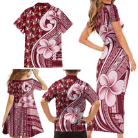 Samoa Teuila Family Matching Short Sleeve Bodycon Dress and Hawaiian Shirt Maroon Samoan Siapo Motifs