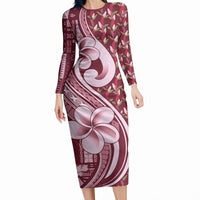 Samoa Teuila Long Sleeve Bodycon Dress Maroon Samoan Siapo Motifs LT05 Long Dress Maroon - Polynesian Pride