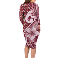 Samoa Teuila Long Sleeve Bodycon Dress Maroon Samoan Siapo Motifs LT05 - Polynesian Pride