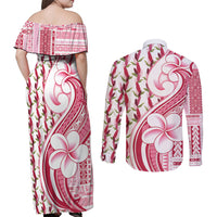 Samoa Teuila Couples Matching Off Shoulder Maxi Dress and Long Sleeve Button Shirt White Samoan Siapo Motifs