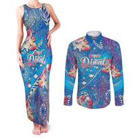 Happy Diwali Festival Couples Matching Tank Maxi Dress and Long Sleeve Button Shirt Diya Lamp Rangoli With Polynesian Pattern