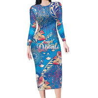 Happy Diwali Festival Family Matching Long Sleeve Bodycon Dress and Hawaiian Shirt Diya Lamp Rangoli With Polynesian Pattern LT05 Mom's Dress Blue - Polynesian Pride