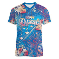 Happy Diwali Festival Women V-Neck T-Shirt Diya Lamp Rangoli With Polynesian Pattern