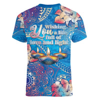 Happy Diwali Festival Women V-Neck T-Shirt Diya Lamp Rangoli With Polynesian Pattern