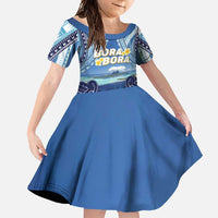Personalised French Polynesia Bora Bora Family Matching Short Sleeve Bodycon Dress and Hawaiian Shirt Beach Landscape Polynesian Style LT05 Daughter's Dress Blue - Polynesian Pride