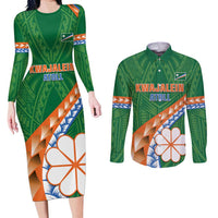 Personalised Marshall Islands Kwajalein Atoll Couples Matching Long Sleeve Bodycon Dress and Long Sleeve Button Shirt Polynesian Tribal Tattoo LT05 Green - Polynesian Pride