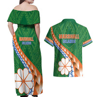 Personalised Marshall Islands Kwajalein Atoll Couples Matching Off Shoulder Maxi Dress and Hawaiian Shirt Polynesian Tribal Tattoo LT05 - Polynesian Pride