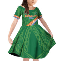 Personalised Marshall Islands Kwajalein Atoll Family Matching Off Shoulder Short Dress and Hawaiian Shirt Polynesian Tribal Tattoo LT05 Daughter's Dress Green - Polynesian Pride