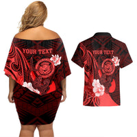 Personalised Hawaii State Motto Couples Matching Off Shoulder Short Dress and Hawaiian Shirt Hawaiian Tribal Red Hammerhead Shark LT05 - Polynesian Pride