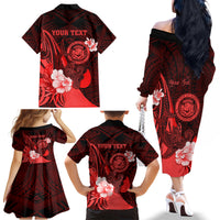 Personalised Hawaii State Motto Family Matching Off Shoulder Long Sleeve Dress and Hawaiian Shirt Hawaiian Tribal Red Hammerhead Shark LT05 - Polynesian Pride