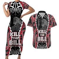 Aotearoa Waitangi Day Couples Matching Short Sleeve Bodycon Dress and Hawaiian Shirt Maori Warrior Tribal Tattoo LT05 Black - Polynesian Pride