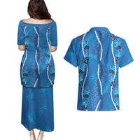 Hawaii Maile Lei Couples Matching Puletasi and Hawaiian Shirt With Blue Monstera Pattern