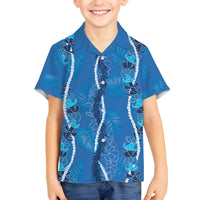 Hawaii Maile Lei Family Matching Off The Shoulder Long Sleeve Dress and Hawaiian Shirt With Blue Monstera Pattern