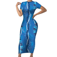 Hawaii Maile Lei Family Matching Short Sleeve Bodycon Dress and Hawaiian Shirt With Blue Monstera Pattern