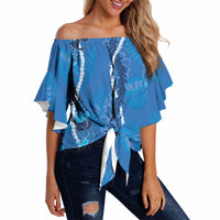Hawaii Maile Lei Off Shoulder Wrap Waist Top With Blue Monstera Pattern LT05 - Polynesian Pride