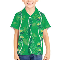 Hawaii Maile Lei Family Matching Off The Shoulder Long Sleeve Dress and Hawaiian Shirt With Green Monstera Pattern