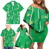 Hawaii Maile Lei Family Matching Off Shoulder Short Dress and Hawaiian Shirt With Green Monstera Pattern LT05 - Polynesian Pride