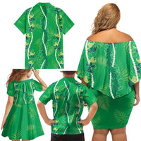 Hawaii Maile Lei Family Matching Off Shoulder Short Dress and Hawaiian Shirt With Green Monstera Pattern LT05 - Polynesian Pride