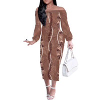 Hawaii Maile Lei Family Matching Off The Shoulder Long Sleeve Dress and Hawaiian Shirt With Brown Monstera Pattern