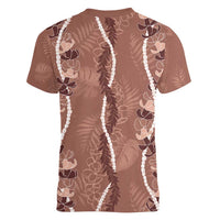 Hawaii Maile Lei Women V-Neck T-Shirt With Brown Monstera Pattern