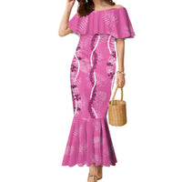 Hawaii Maile Lei Family Matching Mermaid Dress and Hawaiian Shirt With Pink Monstera Pattern LT05 Mom's Dress Pink - Polynesian Pride