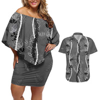 Hawaii Maile Lei Couples Matching Off Shoulder Short Dress and Hawaiian Shirt With Gray Monstera Pattern