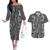 Hawaii Maile Lei Couples Matching Off The Shoulder Long Sleeve Dress and Hawaiian Shirt With Gray Monstera Pattern LT05 Gray - Polynesian Pride